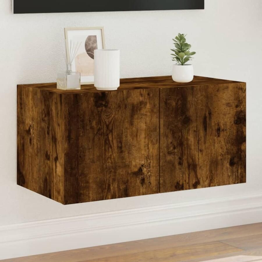 The Living Store Tv-wandmeubel met LED-verlichting 60x35x31 cm gerookt eiken Tv Wandmeubel Tv Kast Led Verlichting Houten Tv Stand Bruine Tv Unit - Foto 2