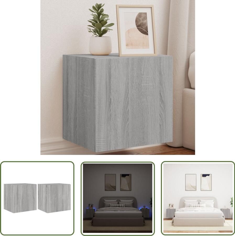 The Living Store Tv-wandmeubelen met LED 2 st 40 5x35x40 cm grijs sonoma eiken Tv-wandmeubel Tv-kast Led Verlichting Grijze Tv-kast Houten Tv-kast