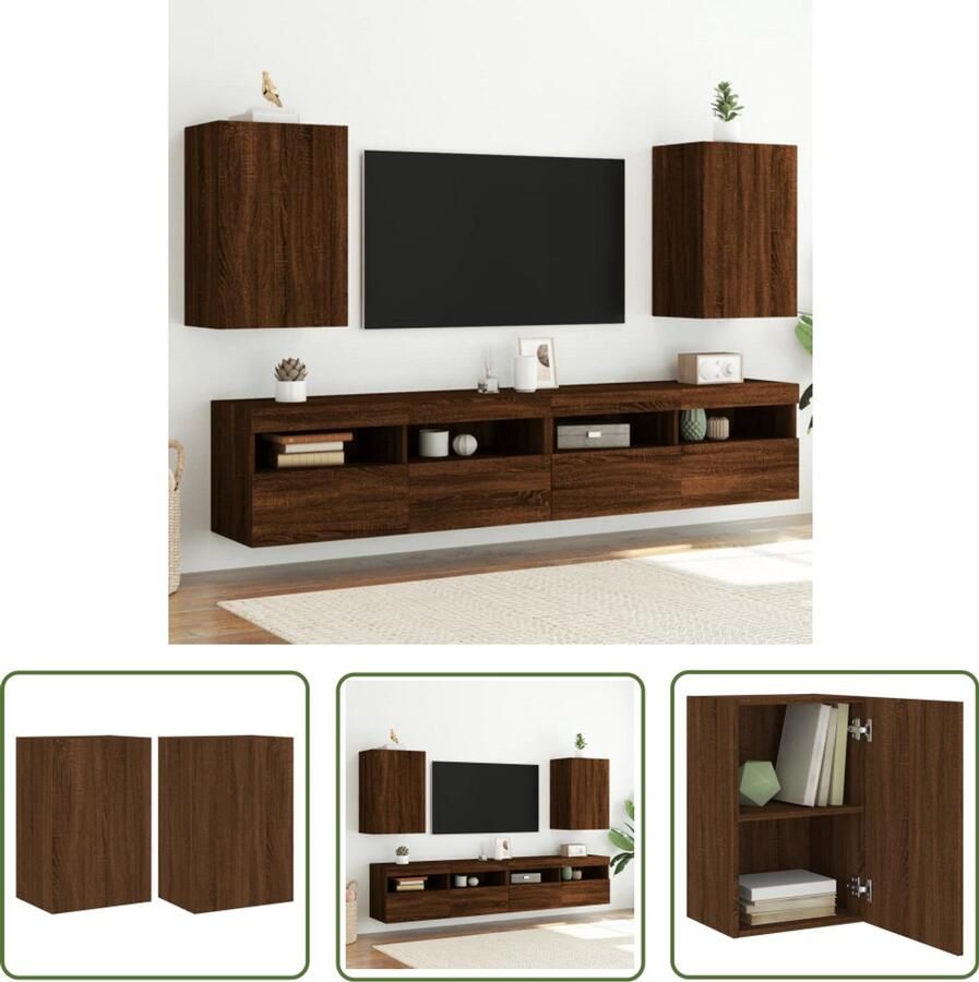 The Living Store Tv-wandmeubels 2 st 40 5x30x60 cm bewerkt hout bruineikenkleur Tv-wandmeubel Tv-kast Zwevend Meubel Houten Kast Bruine Kleur