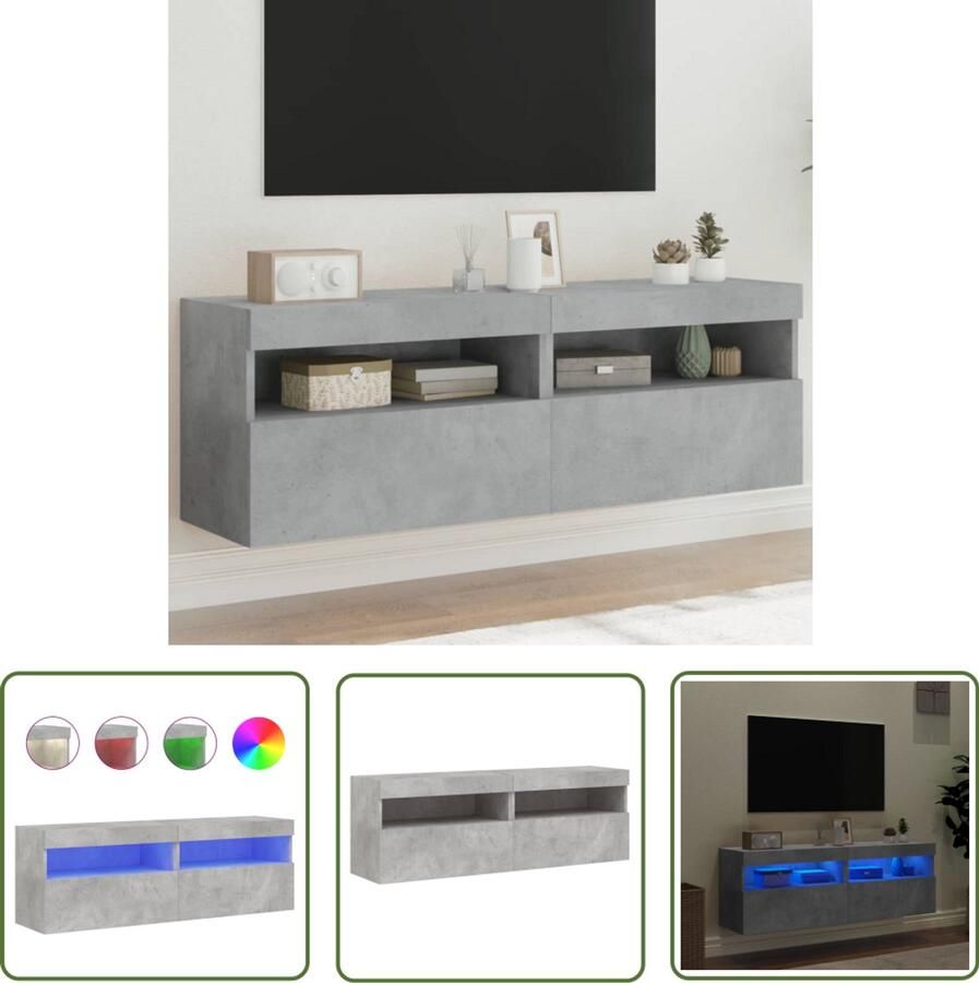 The Living Store Tv-wandmeubels met LED 2 st 60x30x40 cm betongrijs Tv-wandmeubel Tv-kast Led Verlichting Rgb Verlichting Houten Tv-standaard - Foto 2