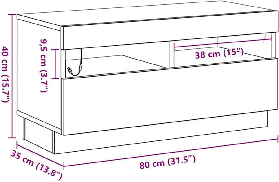 VidaXL TV-meubel met LED-verlichting Zwart Eiken 80x35x40 cm Bewerkt hout