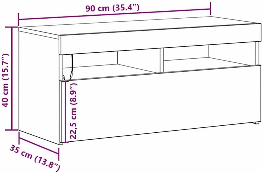 VidaXL TV-kast met LED-verlichting Zwart Eiken 90x35x40 cm Bewerkt Hout