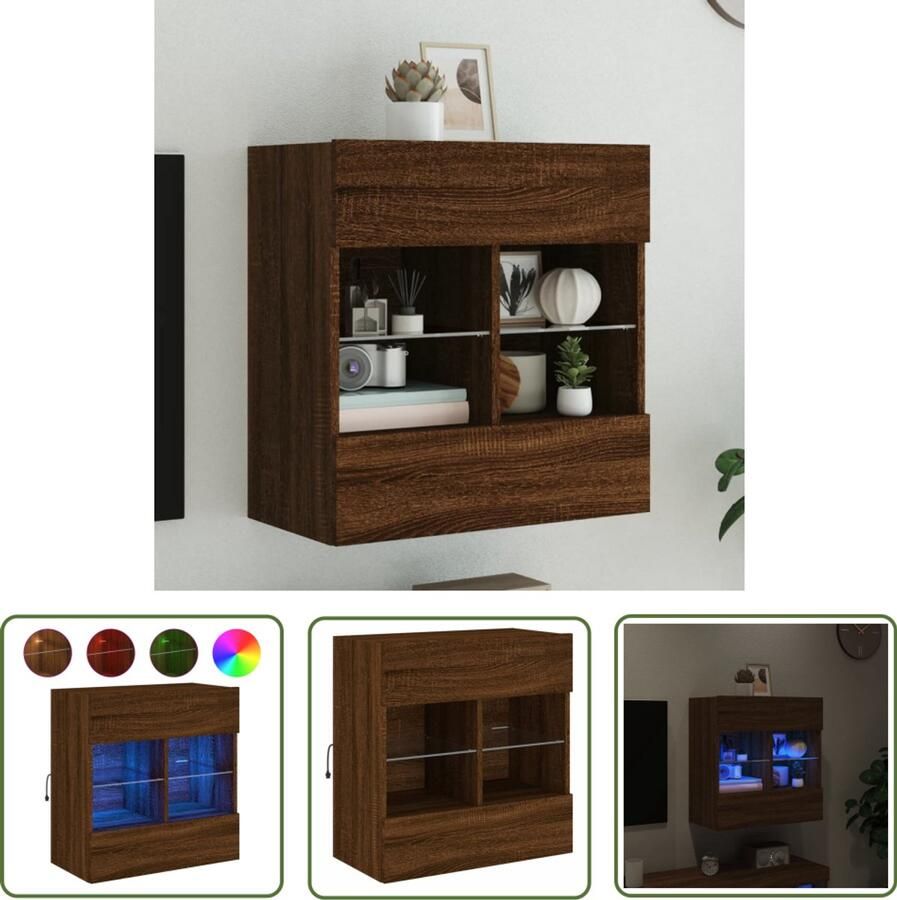 The Living Store Tv-wandmeubel met LED 58 5x30x60 5 cm bruin eikenkleur Tv-wandmeubel Tv-kasten Led-verlichting Rgb-verlichting Houten Tv-standaard