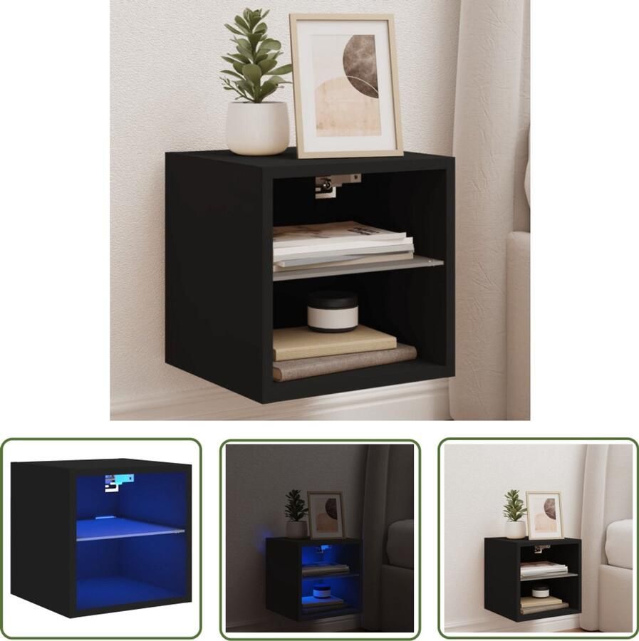 The Living Store Tv-wandmeubel met LED-verlichting 30x28 5x30 cm zwart Tv-wandmeubel Tv-kasten Led-verlichting Houten Tv-standaard Zwart Tv-meubel