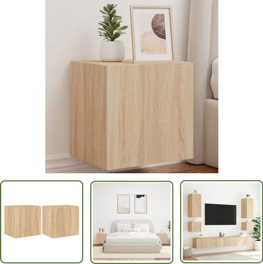 The Living Store Tv-wandmeubelen met LED 2 st 40 5x35x40 cm sonoma eikenkleurig Tv-wandmeubel Tv-kasten Led Verlichting Sonoma Eiken Houten Tv-stand