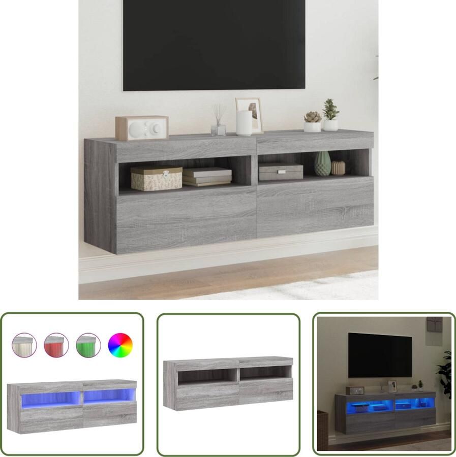 The Living Store Tv-wandmeubels met LED 2 st 60x30x40 cm grijs sonoma eiken Tv-wandmeubel Tv-kasten Led Verlichting Grijze Tv-kast Houten Tv-kast
