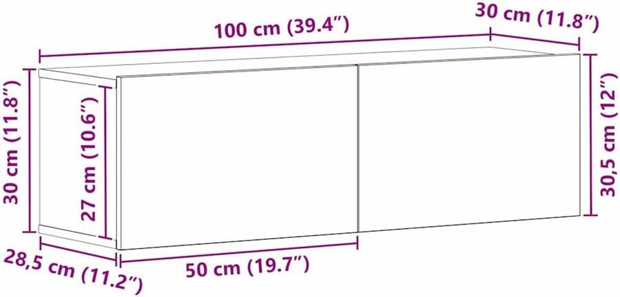 VidaXL Zwarte Eiken Wandkast voor TV 100x30x30 cm Gemaakt van Geengineerd Hout