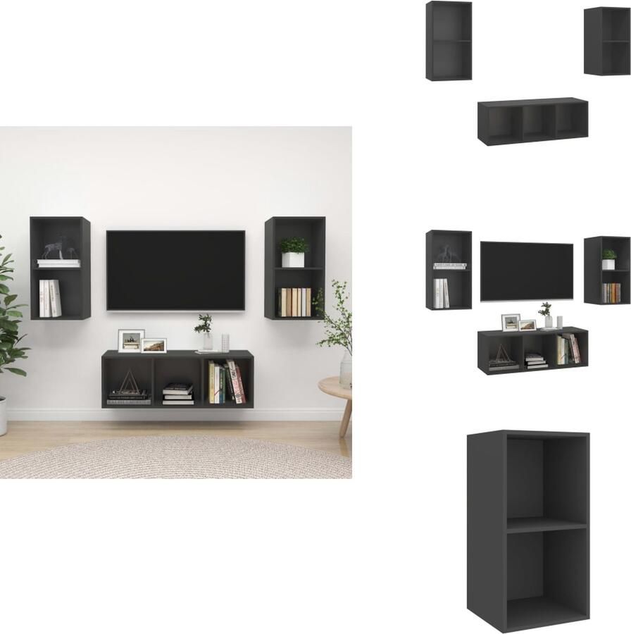 VidaXL TV-meubelset grijs spaanplaat 3-delig 37 x 37 x 72 cm 37 x 37 x 107 cm montage vereist Kast