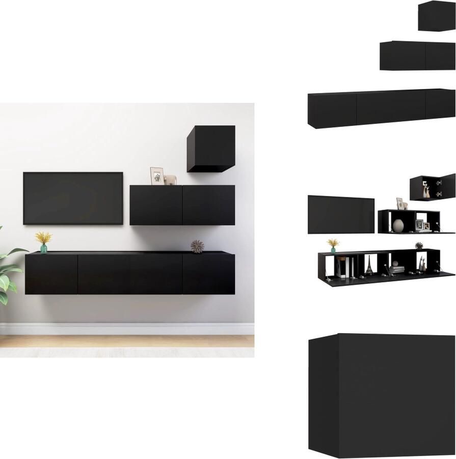 VidaXL Hangende tv-kasten Meubelset Muurbevestiging Spaanplaat Verschillende vakken Zwart Montage vereist 1x 30.5x30x30cm 3x 80x30x30cm Kast - Foto 1