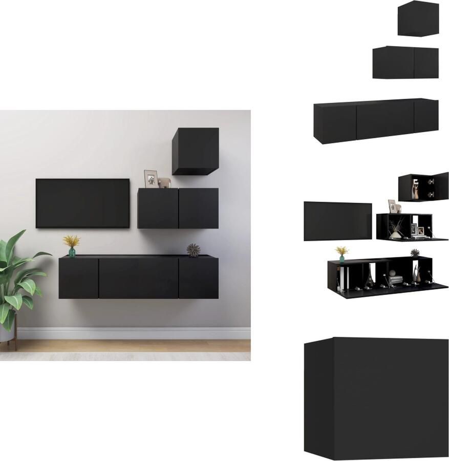 VidaXL Hangende TV-meubelset Spaanplaat Zwarte kleur Verschillende maten Eenvoudig te reinigen Kast