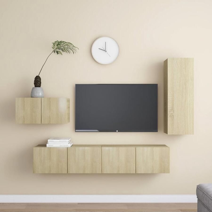 VidaXL 4-delige Tv-meubelset spaanplaat eiken Tv Meubel Wandmontage Salontafel Houten Tv Stand Media Kast Entertainment Center Sonoma Eiken