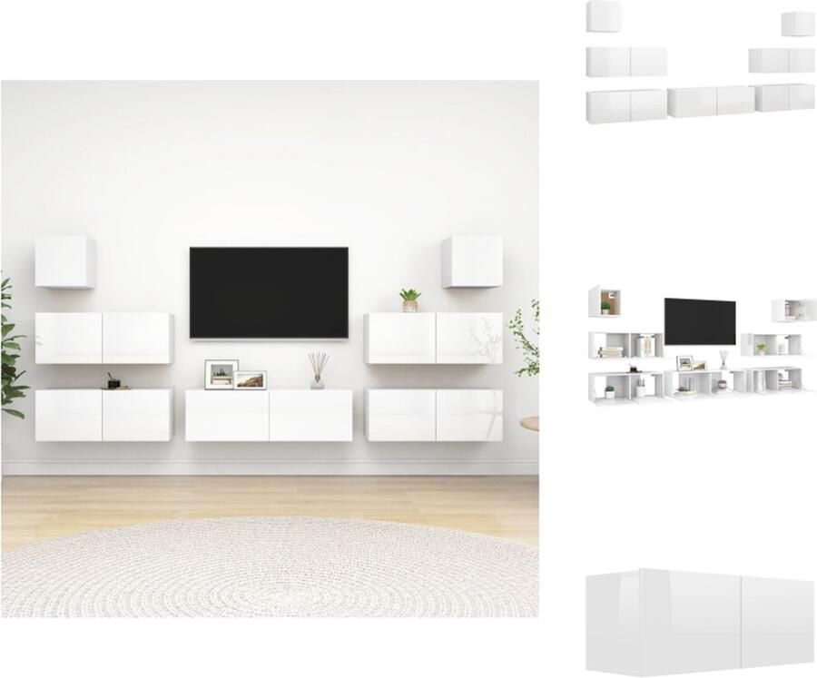 VidaXL Hangende TV-meubelset Spaanplaat Hoogglans wit 4x 80x30x30 cm 1x 100x30x30 cm 2x 30.5x30x30 cm Kast
