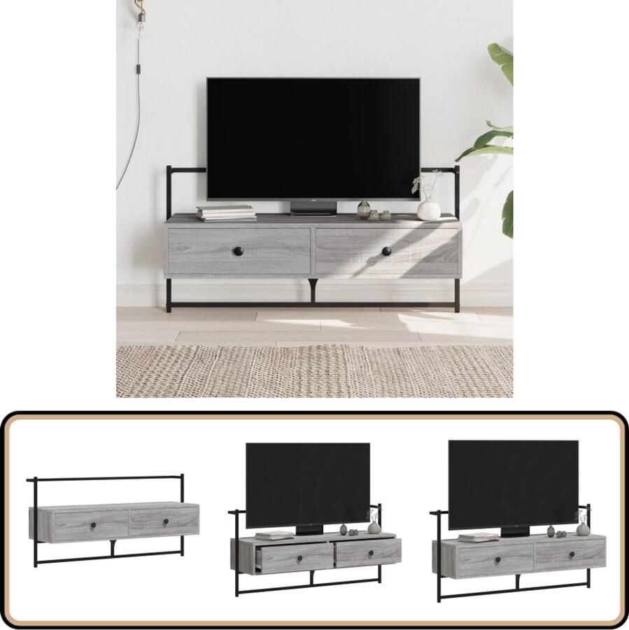 The Living Store Televisiewandmeubel Grijs Sonoma Eiken 100.5 x 30 x 51 cm Wandgemonteerd Voldoende opbergruimte Montage vereist Televisiescherm Kast Tv Meubilair Wandmontage Tv Stand Grijze Kleur Houten Tv Kast