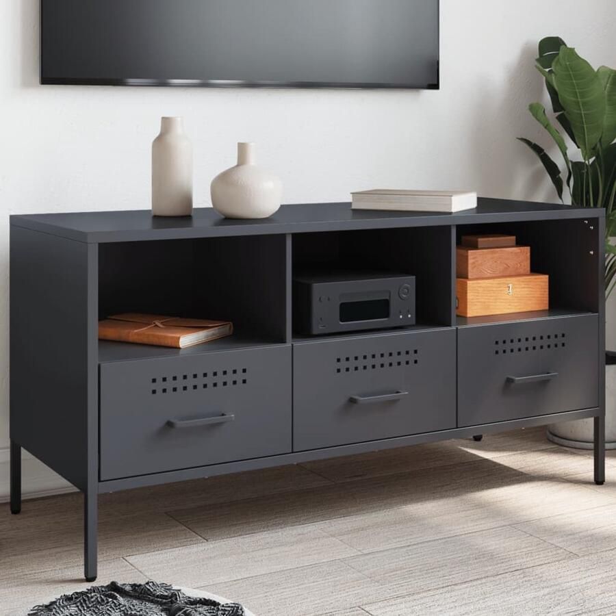 The Living Store Tv-meubel 100 5x39x50 5 cm staal antracietkleurig Tv Meubel Industrieel Design Tv Stand Koudgewalst Staal Antraciet Kleur
