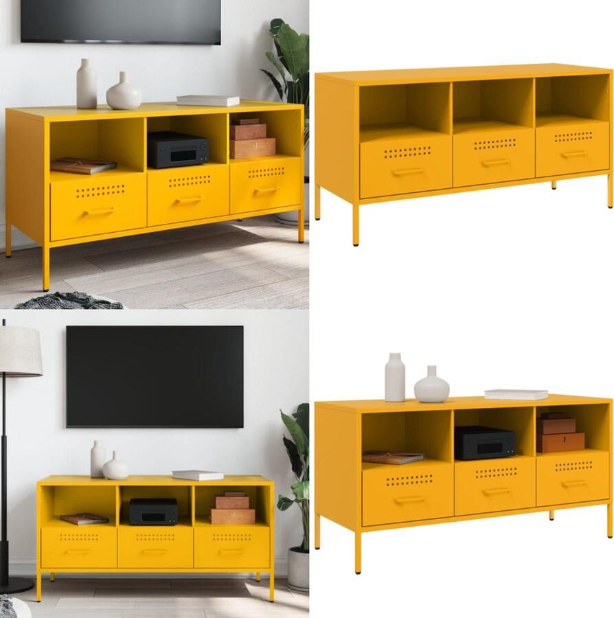 VidaXL Tv-meubel 100 5x39x50 5 cm staal mosterdgeel Tv-meubel Tv-meubelen Tv Kast Opbergkast