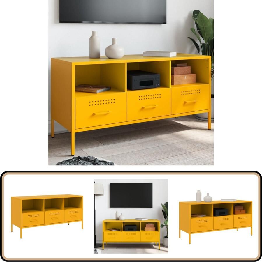 The Living Store Tv-meubel 100 5x39x50 5 cm staal mosterdgeel Tv-meubel Industrieel Design Koudgewalst Staal Mosterdgeel Opbergruimte