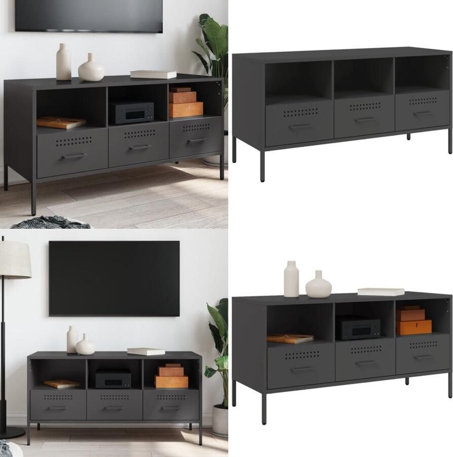 The Living Store Tv-meubel 100 5x39x50 5 cm staal zwart Tv-meubel Industrieel Tv-meubel Tv Stand Koudgewalst Staal Zwart Tv-meubel - Foto 3