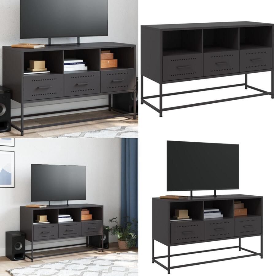 The Living Store Tv-meubel 100 5x39x60 5 cm staal zwart Tv-meubel Industrieel Design Zwarte Tv Kast Metalen Tv Stand Salontafel - Foto 2