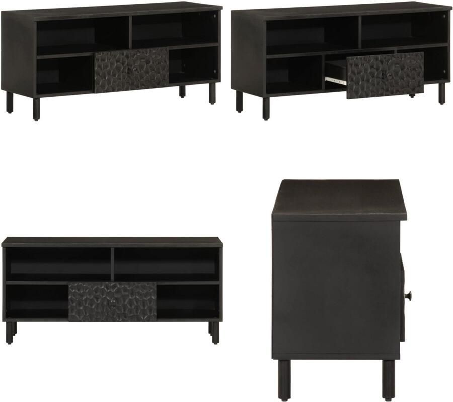 The Living Store Tv-meubel 100x33x46 cm massief mangohout zwart Tv-meubel Mangohout Houten Tv-standaard Zwarte Tv Kast Salontafel