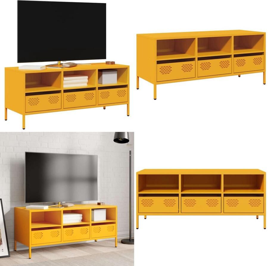 VidaXL Tv-meubel 101 5x39x43 5 cm koudgewalst staal mosterdgeel Tv-meubel Tv-meubelen Tv Kast Opbergkast
