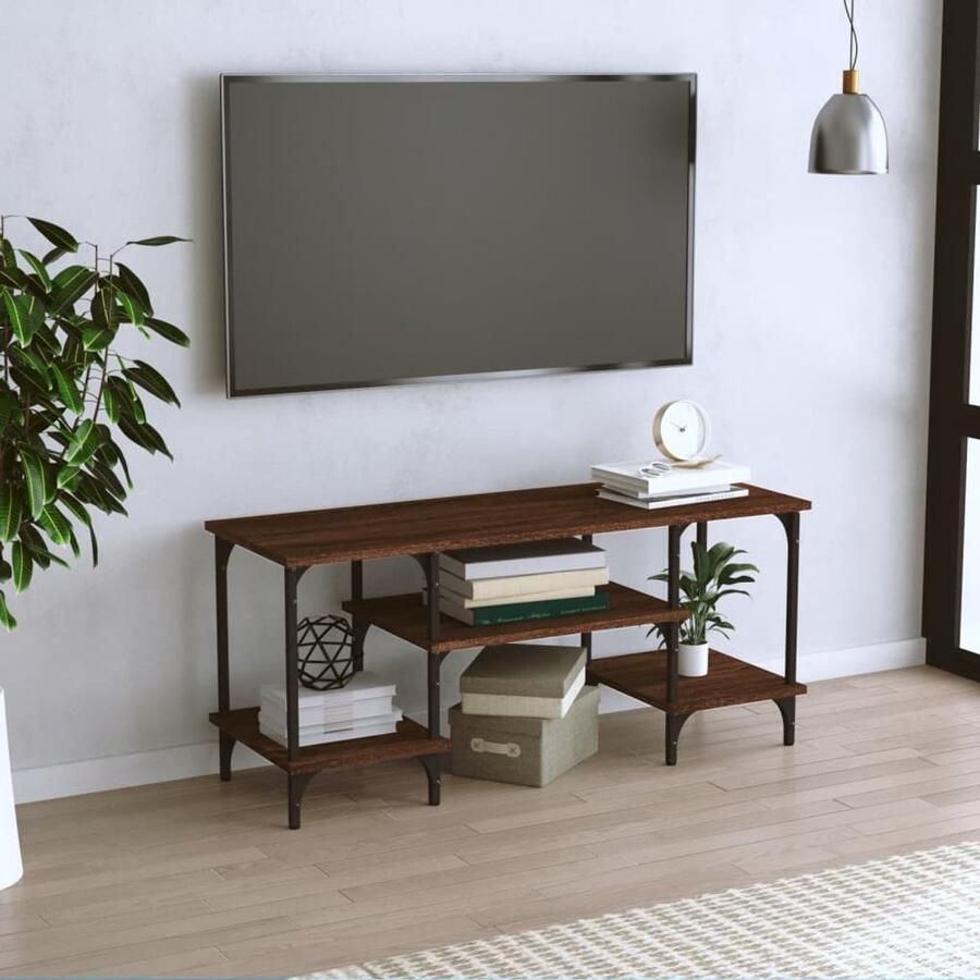 VidaXL Tv-meubel 102x35x45 5 cm Bruin Eiken Hout en Staal Tv-meubel Kast Houten Tv-standaard Bruine Meubels Salontafel