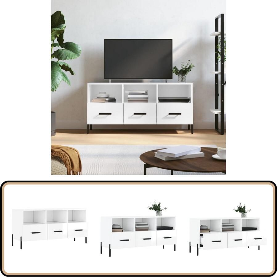 VidaXL Tv-meubel 102x36x50 cm Hoogglans Wit Televisiesecretaris Tv Kast Mediakast Salontafel Opbergkast