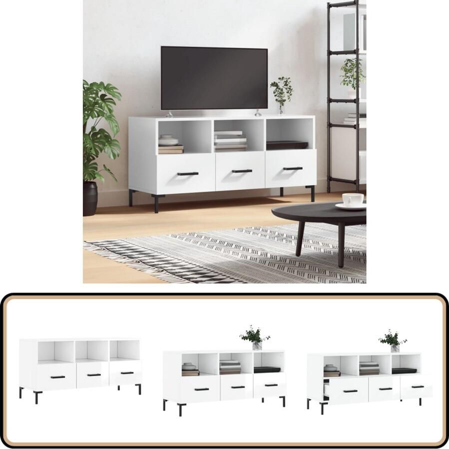 VidaXL Tv-meubel 102x36x50 cm Hoogglans wit Tv Meubel Kast Opbergkast Mediakast Houten Tv Stand