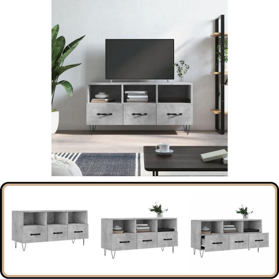 VidaXL Tv-meubel 102x36x50 cm Hout en IJzer Grijs Tv Kast Televisiesecretaris Beton Grijs Houten Tv Stand Tv Tafel Living Room Furniture Salontafel Mediabox