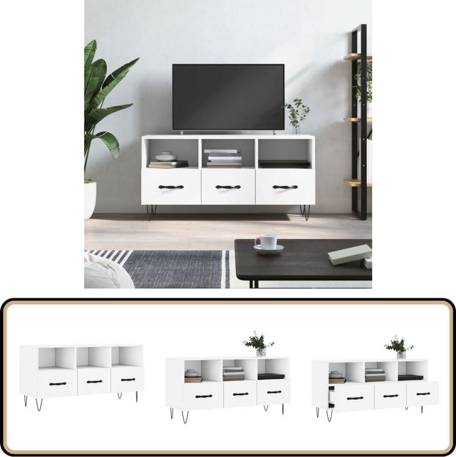 VidaXL Tv-meubel 102x36x50 cm Wit Bewerkt hout Tv Meubel Kast Salontafel Houten Tv Stand Witte Tv Kast Mediakast Opbergkast Living Room Furniture