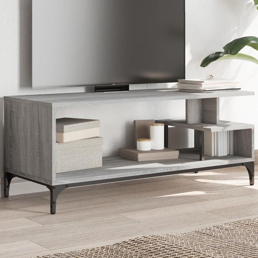 The Living Store Tv-meubel 102x40x41 cm hout en gepoedercoat staal grijs sonoma Tv Meubel Industrieel Design Houten Tv Kast Grijze Tv Kast Salontafel