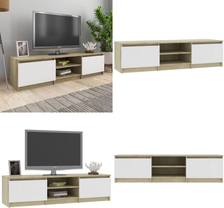 VidaXL Tv-meubel 140x40x35 5cm bewerkt hout wit en sonoma eikenkleurig Tv-meubel Tv-meubels Tv-meubelen Tv-meubilair