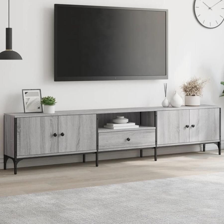 The Living Store Tv-meubel met lade 200x25x44 cm bewerkt hout grijs sonoma eiken Tv-meubel Salontafel Kast Mediaopstelling Houten Tv-standaard