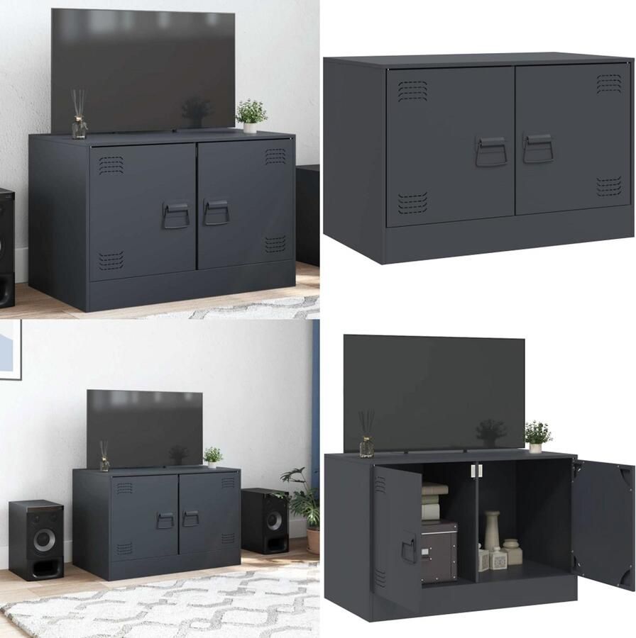 The Living Store Tv-meubel 67x39x44 cm staal antracietkleurig Tv Meubel Tv Kast Antraciet Staal Koudgewalst Staal - Foto 2