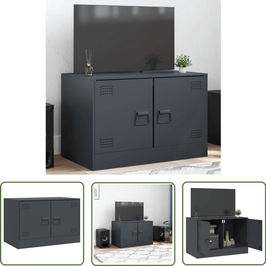 The Living Store Tv-meubel 67x39x44 cm staal antracietkleurig Tv Meubel Tv Kast Antraciet Staal Koudgewalst Staal - Foto 3