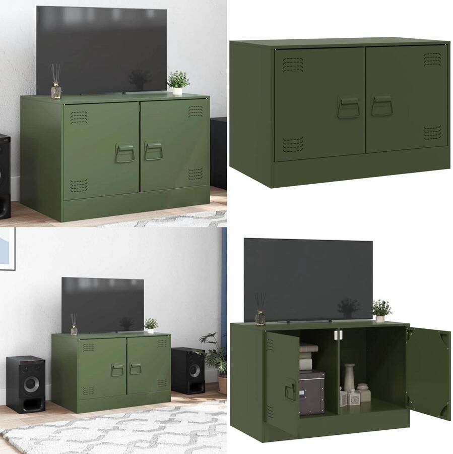 The Living Store Tv-meubel 67x39x44 cm staal olijfgroen Tv-meubel Salontafel Industriële Tv-kast Olijfgroene Tv-standaard Tv-opstelling - Foto 2