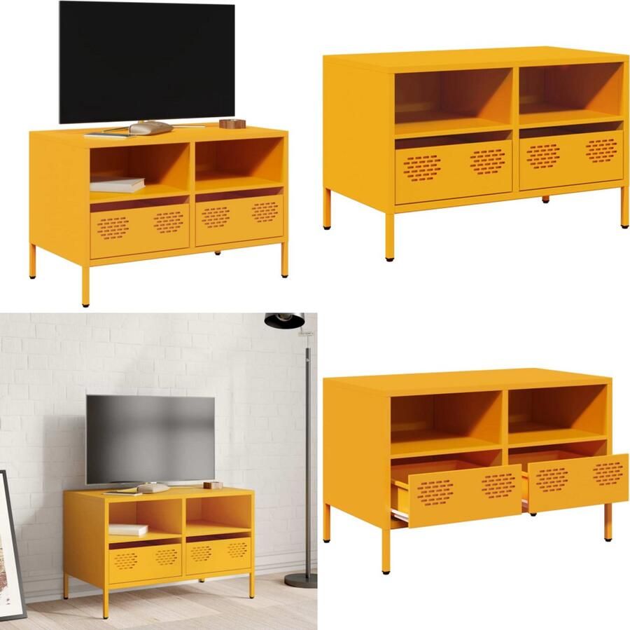 VidaXL Tv-meubel 68x39x43 5 cm koudgewalst staal mosterdgeel Tv-meubel Tv-meubelen Tv Kast Opbergkast