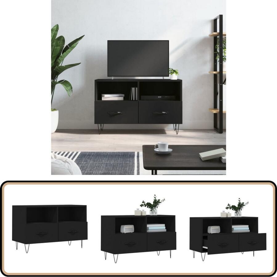 VidaXL Tv-meubel 80x36x50 cm Bewerkt hout Zwart Televisiesecretaris Houten Tv Kast Tv Stand Mediabox Salontafel Livingroom Furniture Black Tv Cabinet