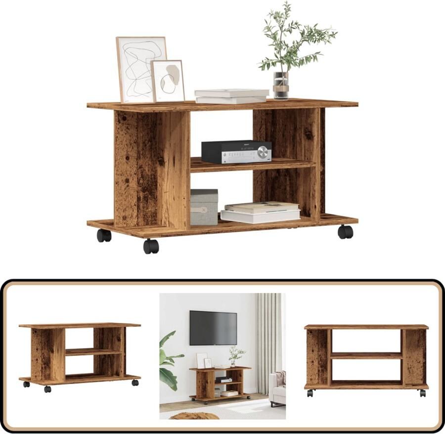 VidaXL Tv-meubel met wieltjes 80x40x45 cm bewerkt hout oud houtkleurig - Foto 2