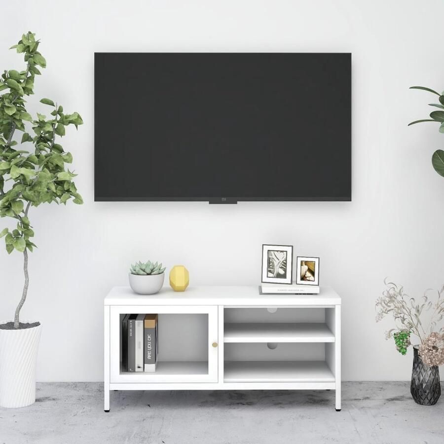 VidaXL Tv-meubel 90x30x44 cm Staal en glas Wit Tv Kast Televisie Kast Salontafel Woonkamer Meubilair Staal Kast