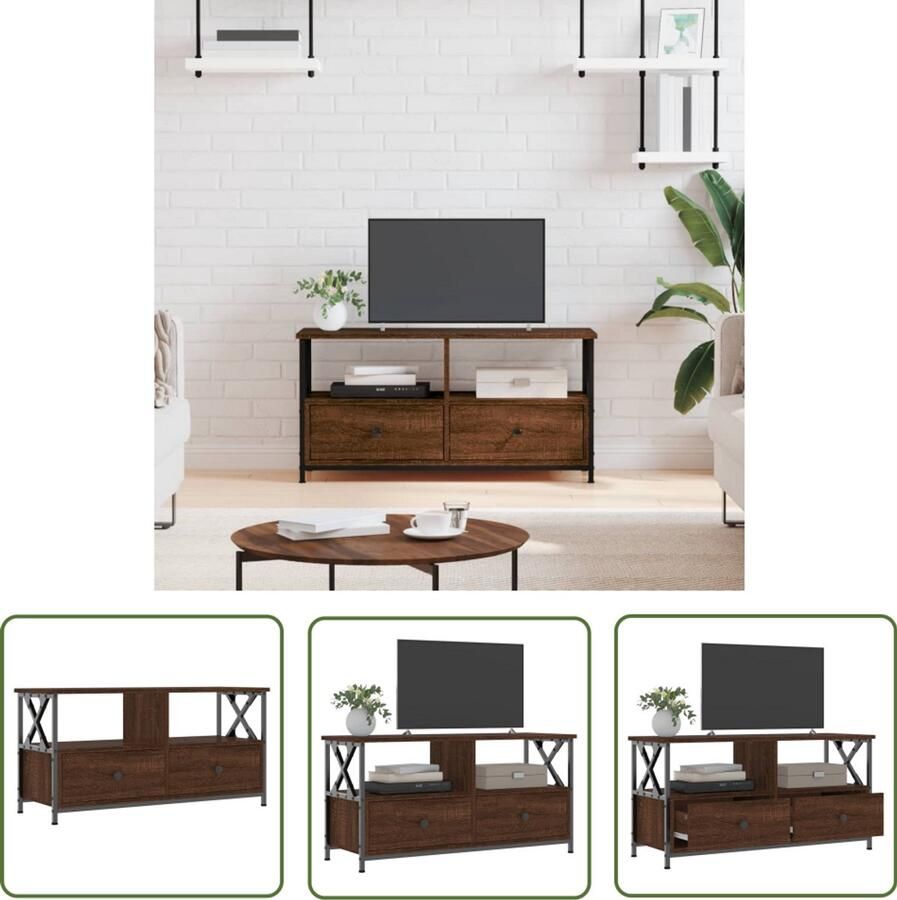 VidaXL Tv-meubel 90x33x45 cm Bruin eikenhout Industriele Tv Kast Tv Meubels Houten Tv Stand Bruine Eiken Tv Kast Tv Kast Met Lade Opbergruimte Tv Media Kast Salontafel Living Room Furniture Design Tv Kast
