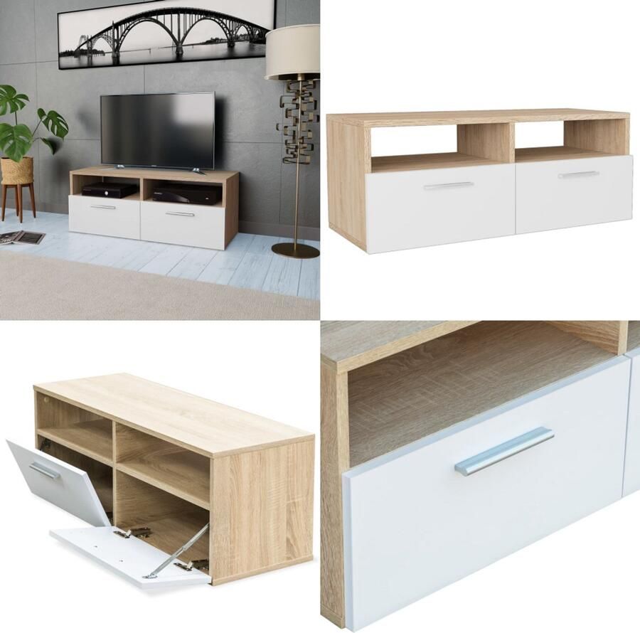 VidaXL Tv-meubel 95x35x36 cm bewerkt hout eikenkleurig en wit Tv-kast Tv-kasten Tv-meubel Tv-meubels