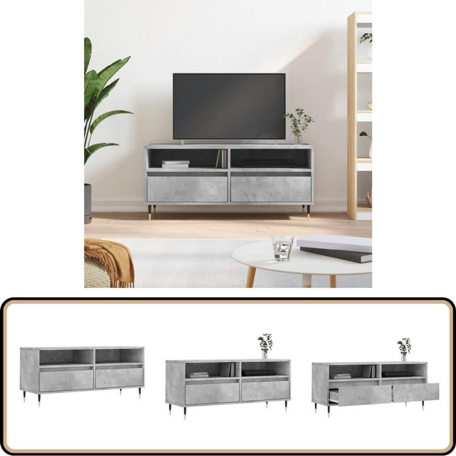 The Living Store TV-meubel Betongrijs 100x34.5x44.5 cm veel opbergruimte Tv-meubel Opbergruimte Beton Grijs Houten Meubilair Kast - Foto 2