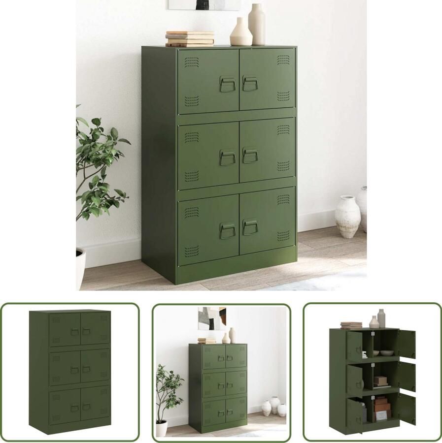 The Living Store Dressoir 67x39x107 cm staal olijfgroen TV Kast Dressoir Opbergkast Tv Meubel Salontafel