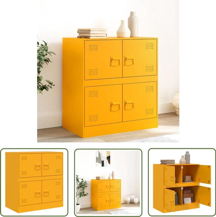 The Living Store Dressoir 67x39x73 cm staal mosterdgeel Televisiekast Tv Kast Stalen Kast Opbergkast Dressoir