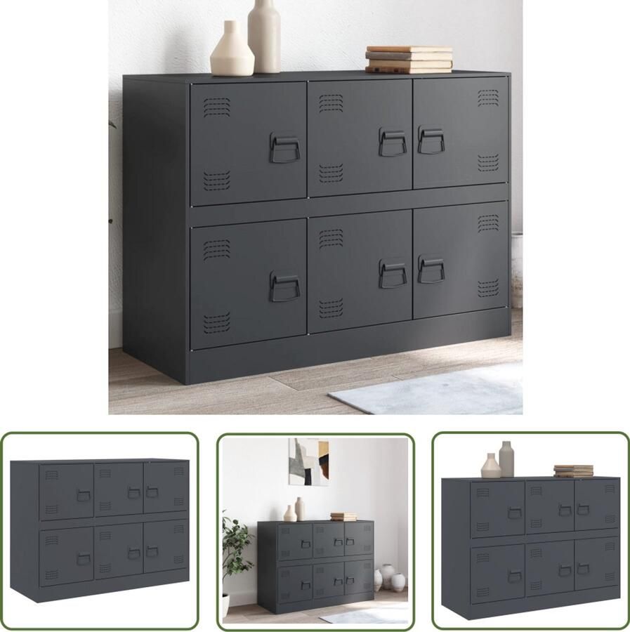 The Living Store Dressoir 99x39x73 cm staal antracietkleurig Tv-meubilair Tv-kast Mediacafe Salontafel Zwart Metaal