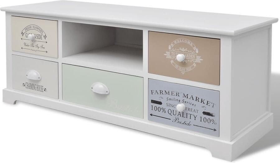 VidaXL Tv-meubel Franse stijl Hout 5 lades TV Meubel Landelijk Interieur Frans Design Wit Houten Meubilair Salontafel Opslagruimte Televisie Stand