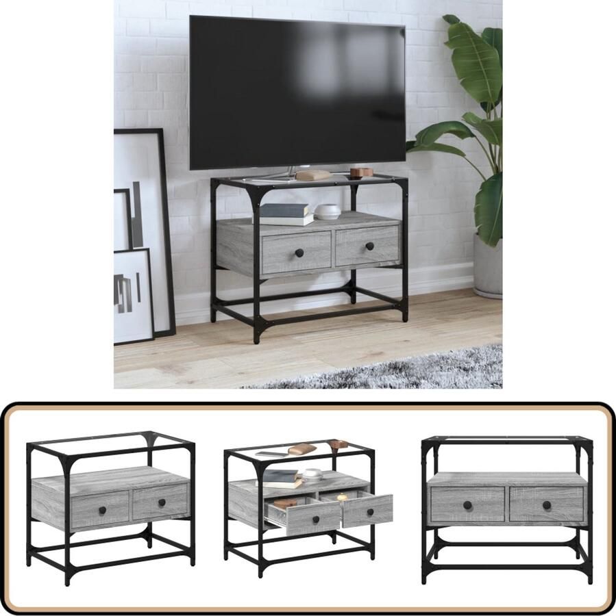VidaXL Tv-meubel Glazen blad 60x35x51 cm Grijs eiken Tv-meubel Tv-meubelen Tv Kast Opbergkast