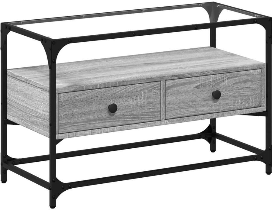The Living Store Tv-meubel met glazen blad 80x35x51 cm bewerkt hout grijs sonoma Tv Kast Industrieel Houten Tv Kast Grijze Tv Kast Salontafel - Foto 2