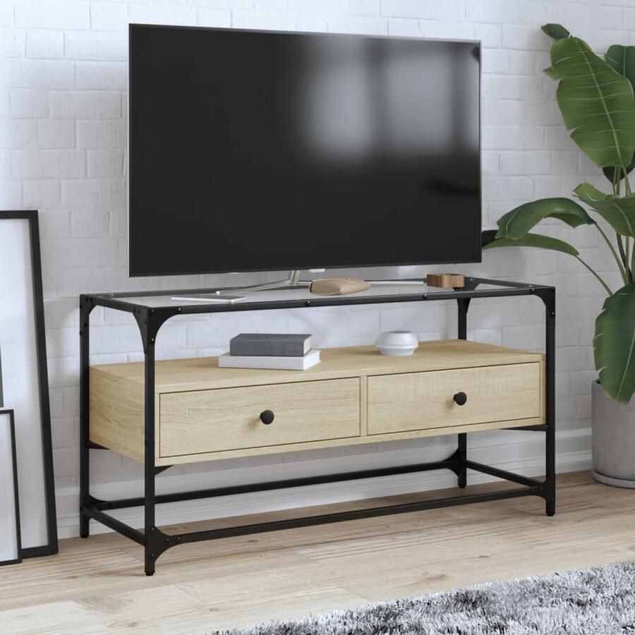 The Living Store Tv-meubel met glazen blad 98x35x51 cm bewerkt hout sonoma eiken Tv Kast Salontafel Houten Tv-standaard Media Kast Living Room Furniture