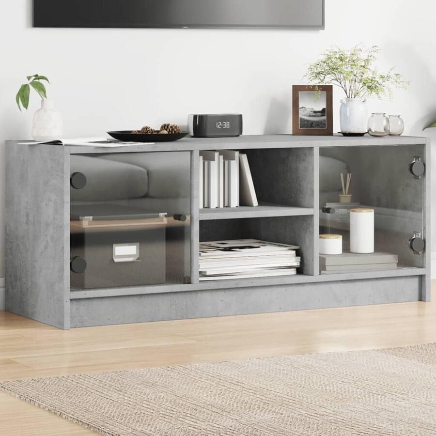 VidaXL Tv-meubel Glazen deuren 102x37x42 cm Grijs Tv Meubel Tv Stand Houten Tv Kast Grijze Tv Kast Bergruimte Tv